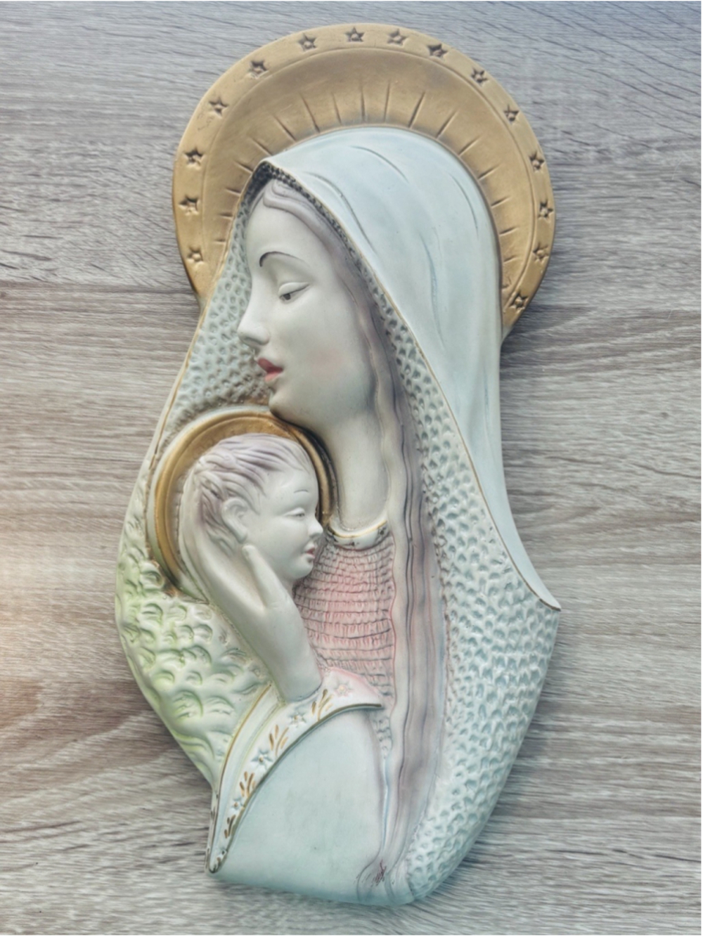 Vintage Madonna & Child Chalkware Wall Plaque Religious Catholic Mid Century